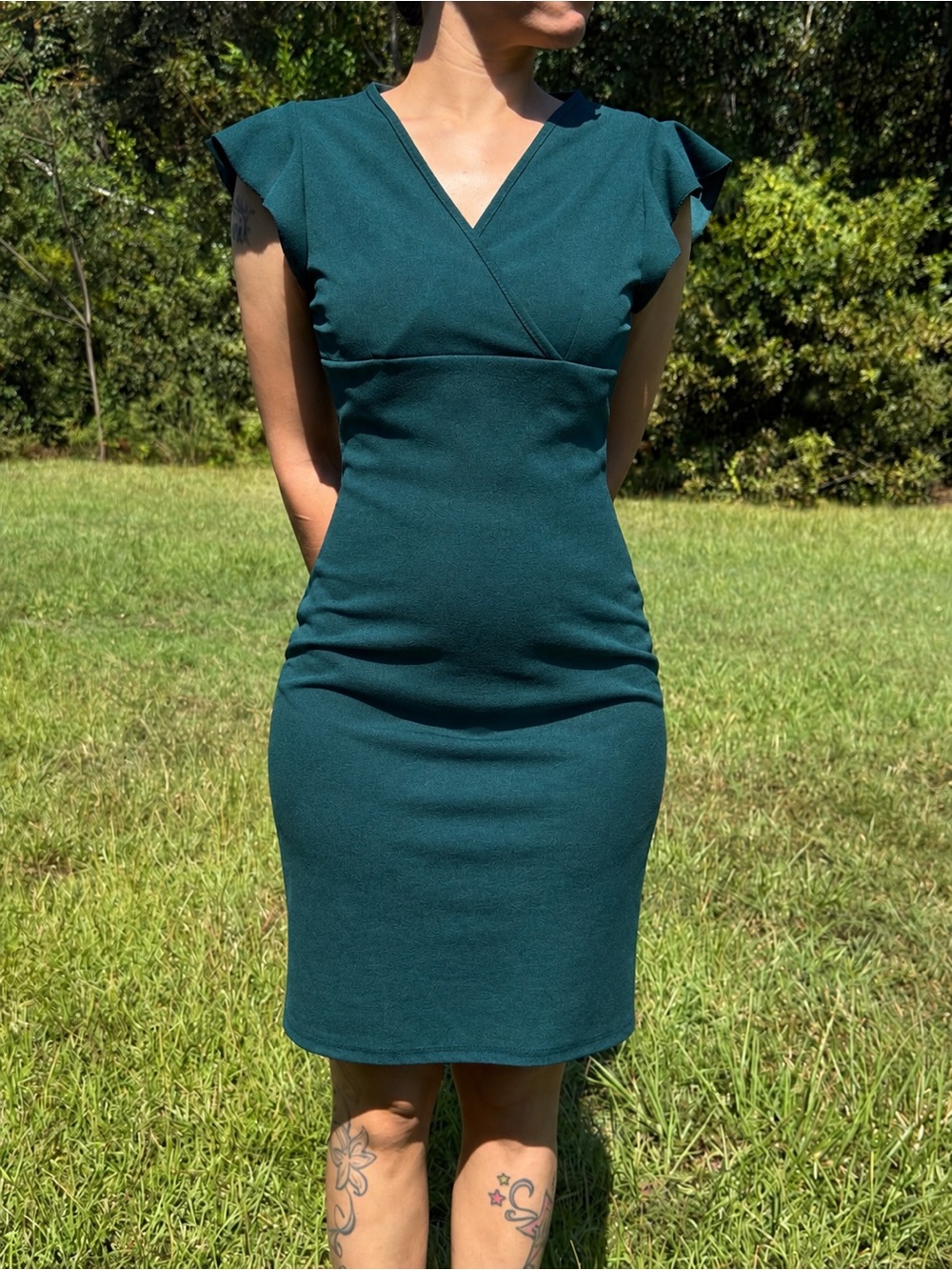 SHEIN Teal Green Wrap-Style Midi Dress with Flutter Sleeves